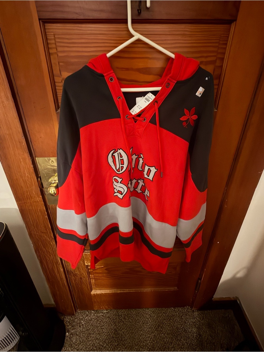 Hollister Red and Black Lace-Up Hooded Kids Sweatshirt with Gray Stripe